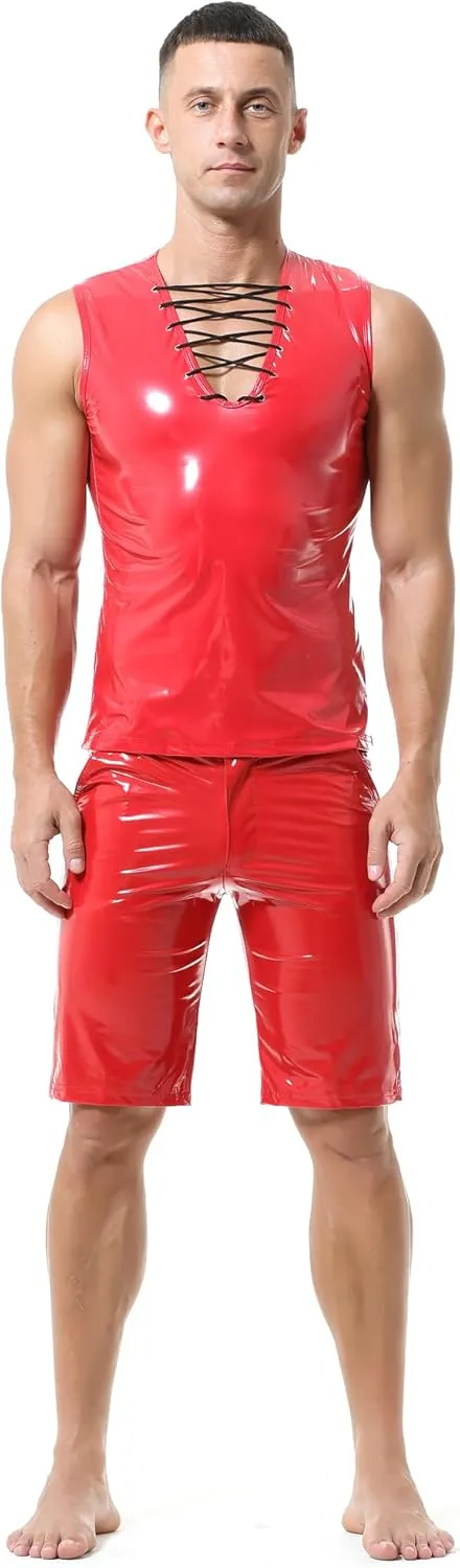 QiaTi Men's Faux Leather Undershirt Wetlook Tank Top Shirt Chest Lace Up Sleeveless Vest Sport Muscle