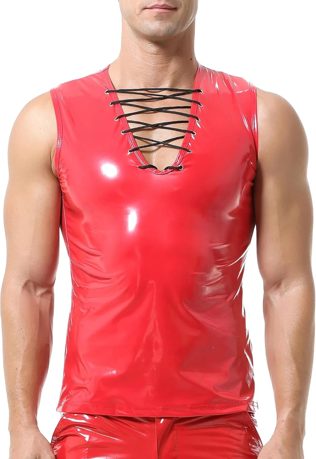 QiaTi Men's Faux Leather Undershirt Wetlook Tank Top Shirt Chest Lace Up Sleeveless Vest Sport Muscle