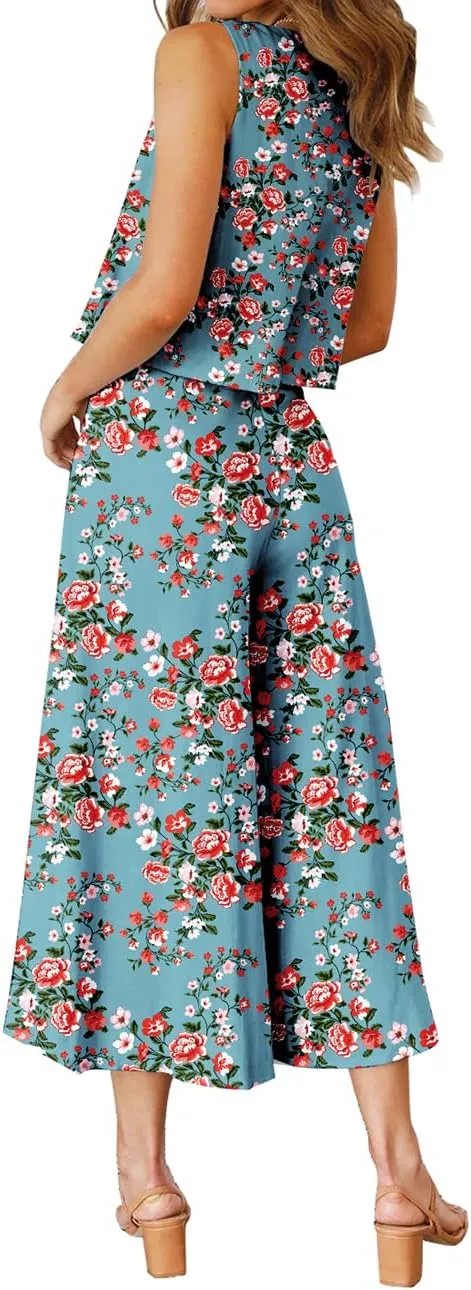 ROYLAMP Women's Summer 2 Piece Outfits Round Neck Crop Basic Top Cropped Wide Leg Pants Set Jumpsuits