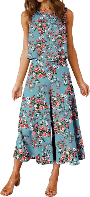 ROYLAMP Women's Summer 2 Piece Outfits Round Neck Crop Basic Top Cropped Wide Leg Pants Set Jumpsuits