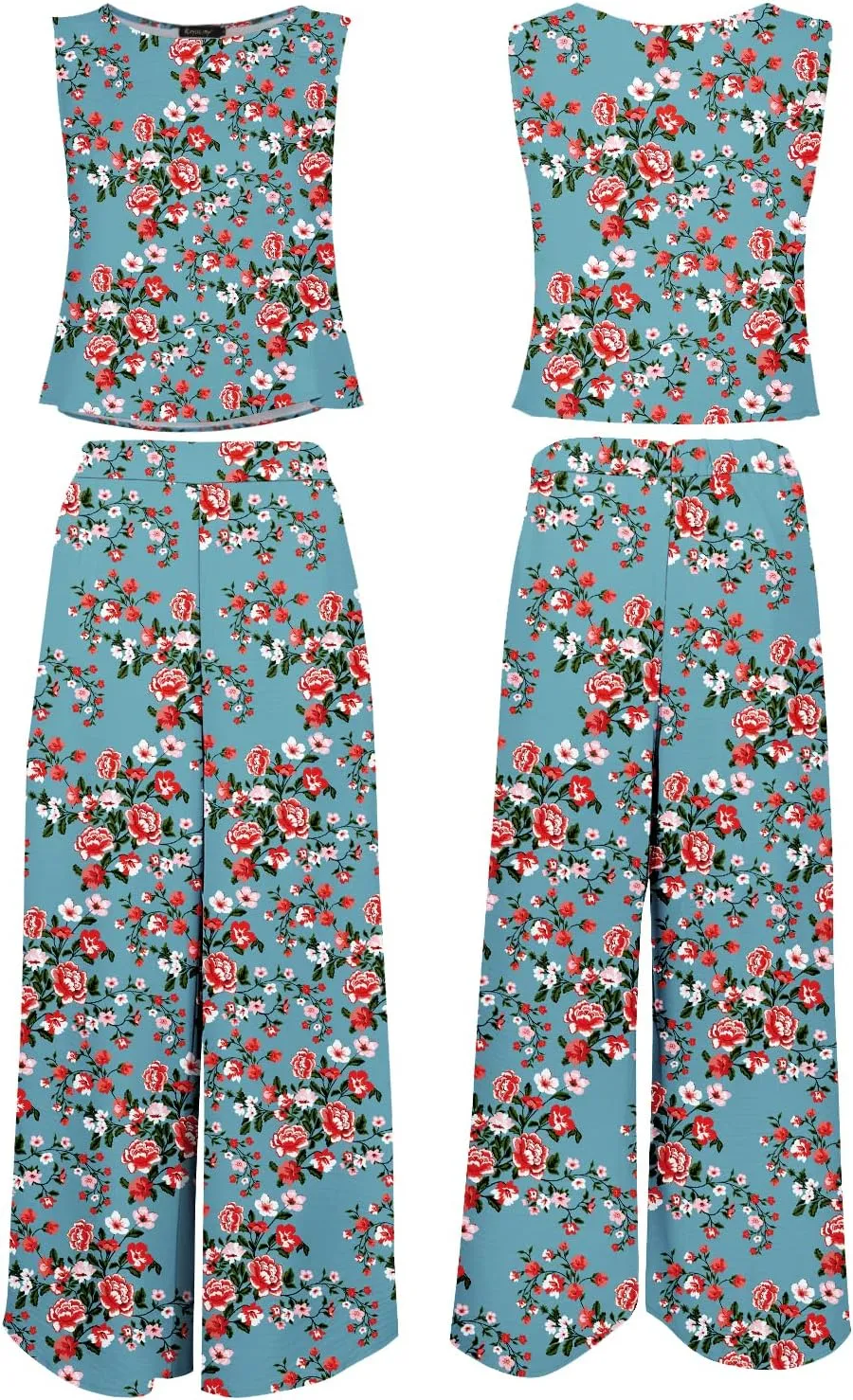 ROYLAMP Women's Summer 2 Piece Outfits Round Neck Crop Basic Top Cropped Wide Leg Pants Set Jumpsuits