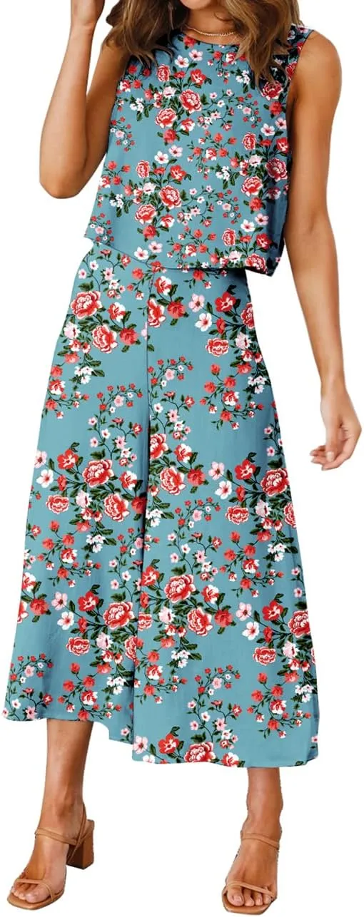 ROYLAMP Women's Summer 2 Piece Outfits Round Neck Crop Basic Top Cropped Wide Leg Pants Set Jumpsuits