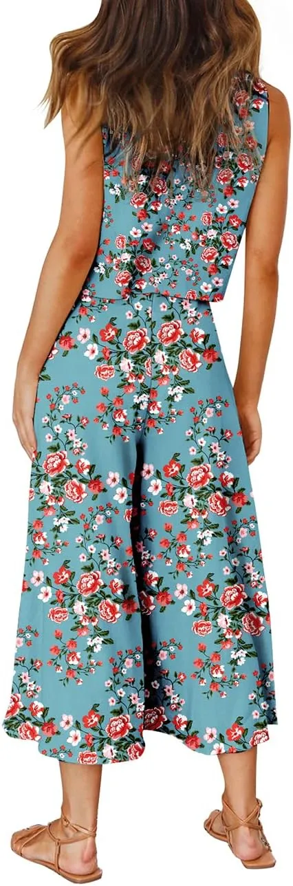 ROYLAMP Women's Summer 2 Piece Outfits Round Neck Crop Basic Top Cropped Wide Leg Pants Set Jumpsuits