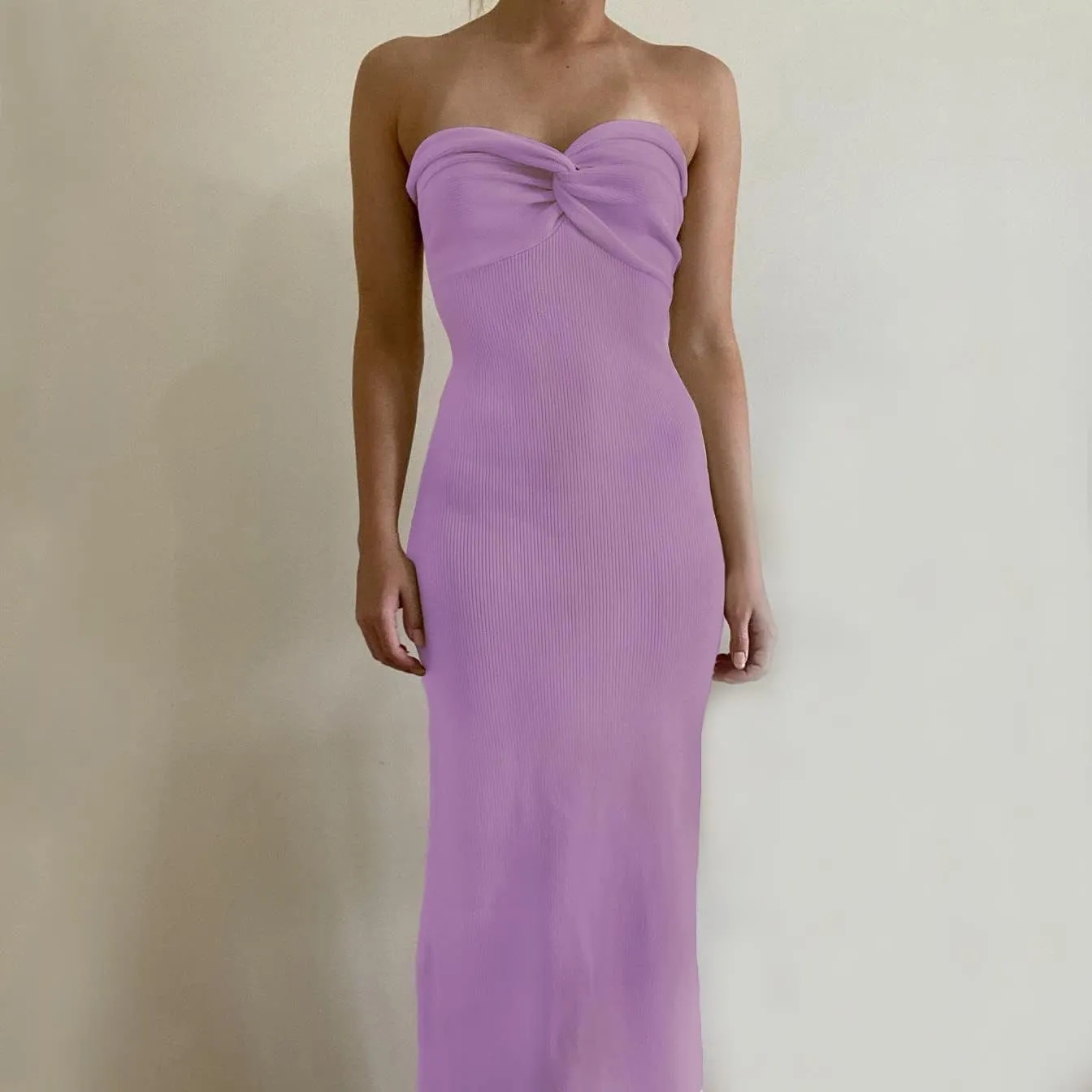 Sdencin Women Sexy Twist Knot Front Ribbed Knit Bodycon Bandeau Tube Dress Casual Solid Strapless Maxi Long Dress