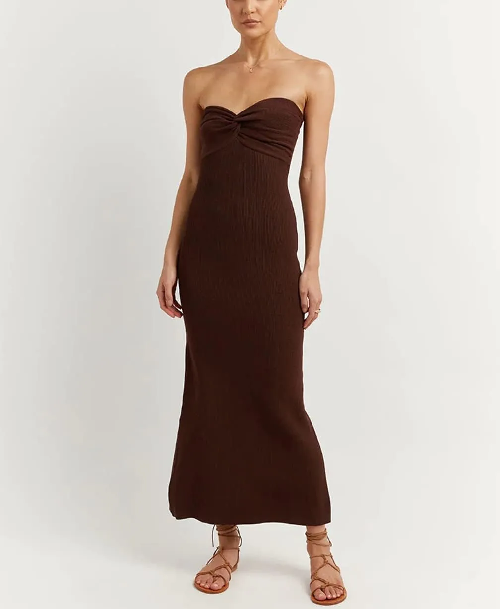 Sdencin Women Sexy Twist Knot Front Ribbed Knit Bodycon Bandeau Tube Dress Casual Solid Strapless Maxi Long Dress