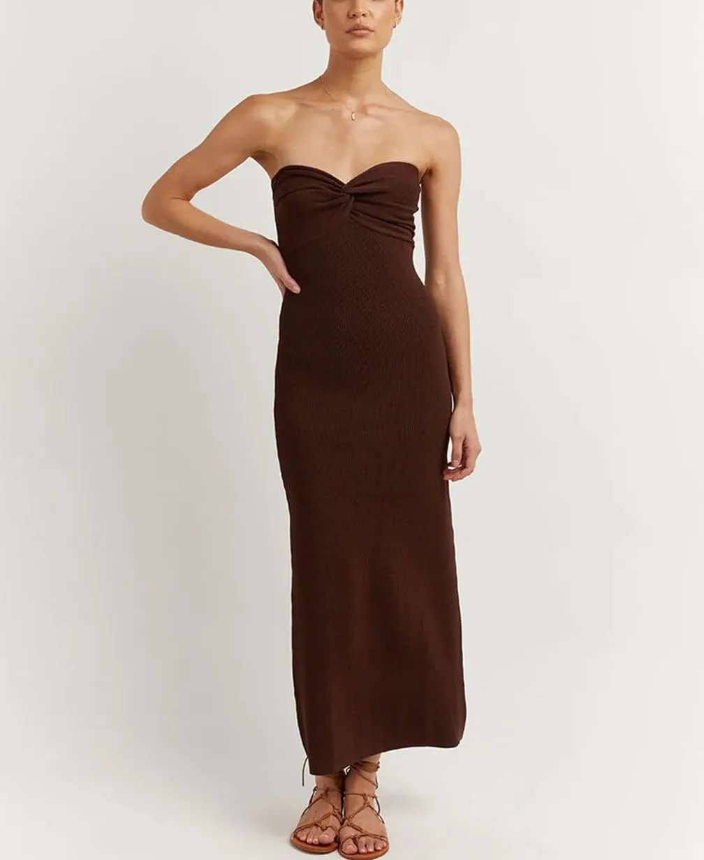 Sdencin Women Sexy Twist Knot Front Ribbed Knit Bodycon Bandeau Tube Dress Casual Solid Strapless Maxi Long Dress
