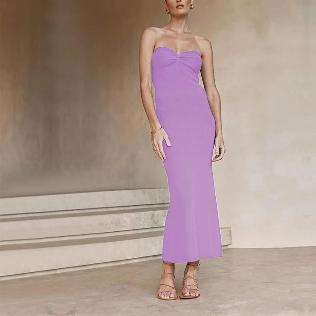 Sdencin Women Sexy Twist Knot Front Ribbed Knit Bodycon Bandeau Tube Dress Casual Solid Strapless Maxi Long Dress