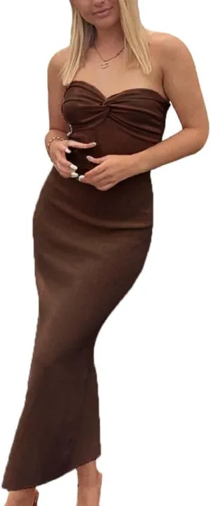 Sdencin Women Sexy Twist Knot Front Ribbed Knit Bodycon Bandeau Tube Dress Casual Solid Strapless Maxi Long Dress
