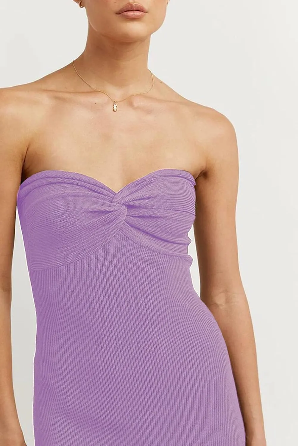 Sdencin Women Sexy Twist Knot Front Ribbed Knit Bodycon Bandeau Tube Dress Casual Solid Strapless Maxi Long Dress