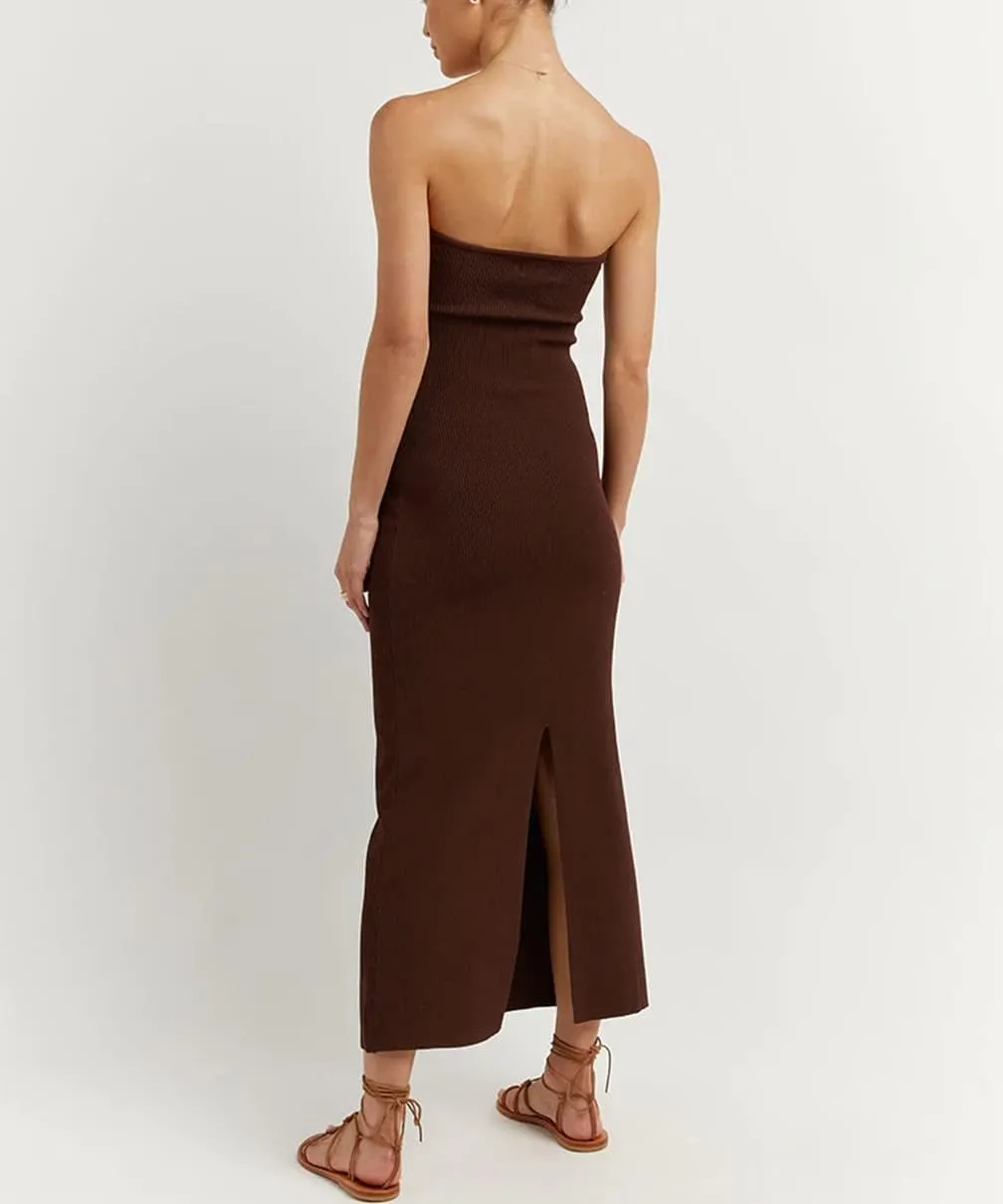 Sdencin Women Sexy Twist Knot Front Ribbed Knit Bodycon Bandeau Tube Dress Casual Solid Strapless Maxi Long Dress