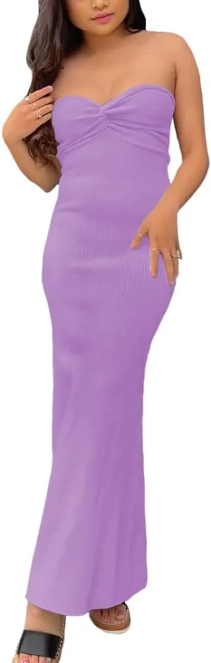 Sdencin Women Sexy Twist Knot Front Ribbed Knit Bodycon Bandeau Tube Dress Casual Solid Strapless Maxi Long Dress