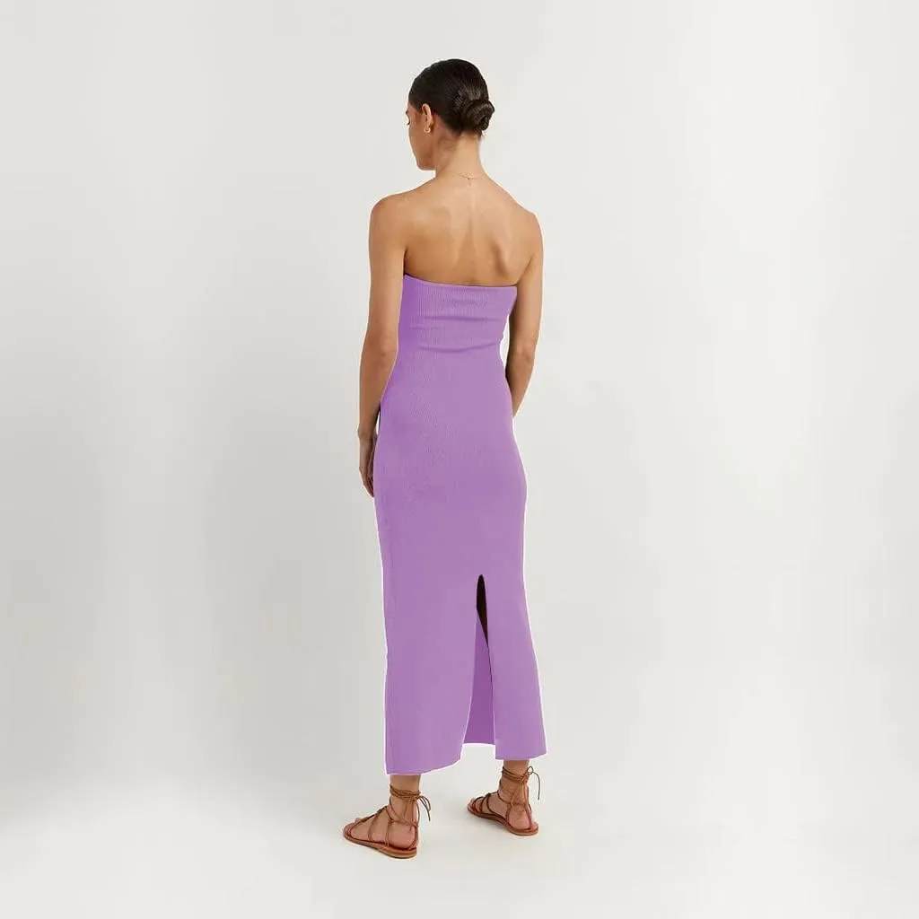 Sdencin Women Sexy Twist Knot Front Ribbed Knit Bodycon Bandeau Tube Dress Casual Solid Strapless Maxi Long Dress