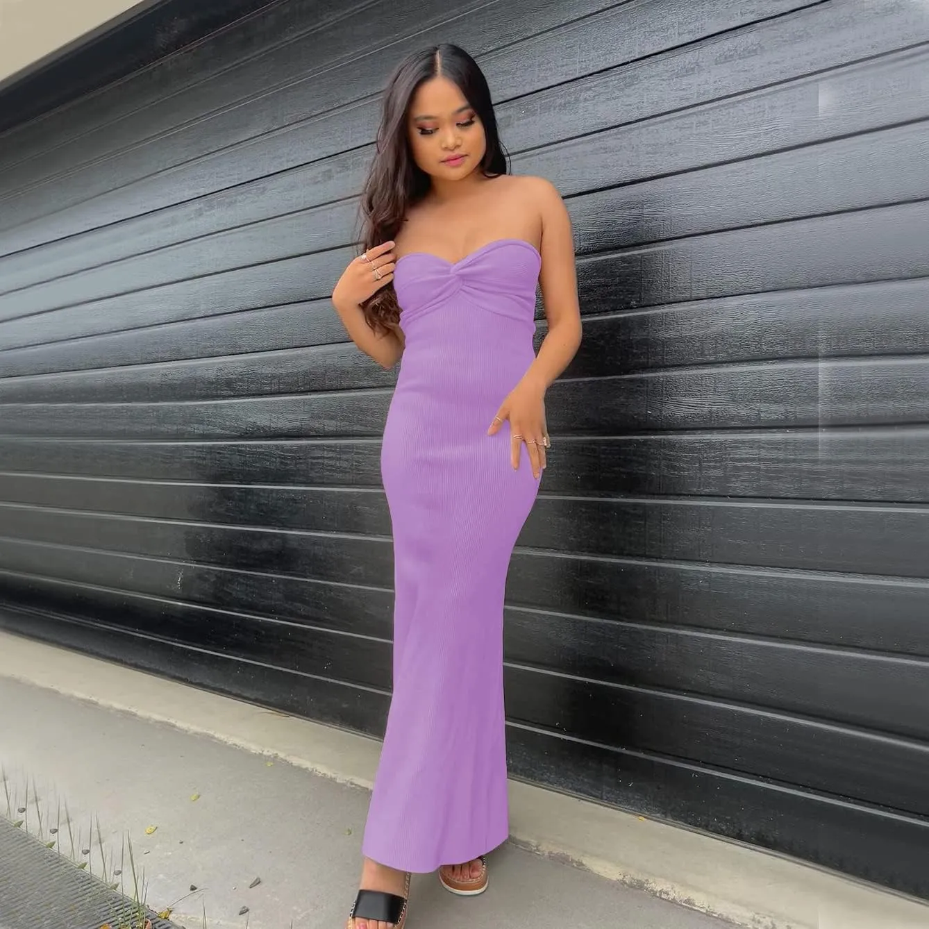 Sdencin Women Sexy Twist Knot Front Ribbed Knit Bodycon Bandeau Tube Dress Casual Solid Strapless Maxi Long Dress