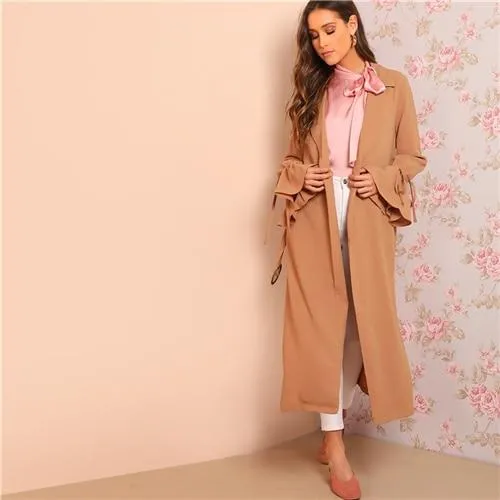SHEIN Camel Knot Flounce Sleeve Open Front Longline Coat Women Elegant Spring Plain Notched Belted Drawstring Trench Outerwear