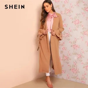 SHEIN Camel Knot Flounce Sleeve Open Front Longline Coat Women Elegant Spring Plain Notched Belted Drawstring Trench Outerwear