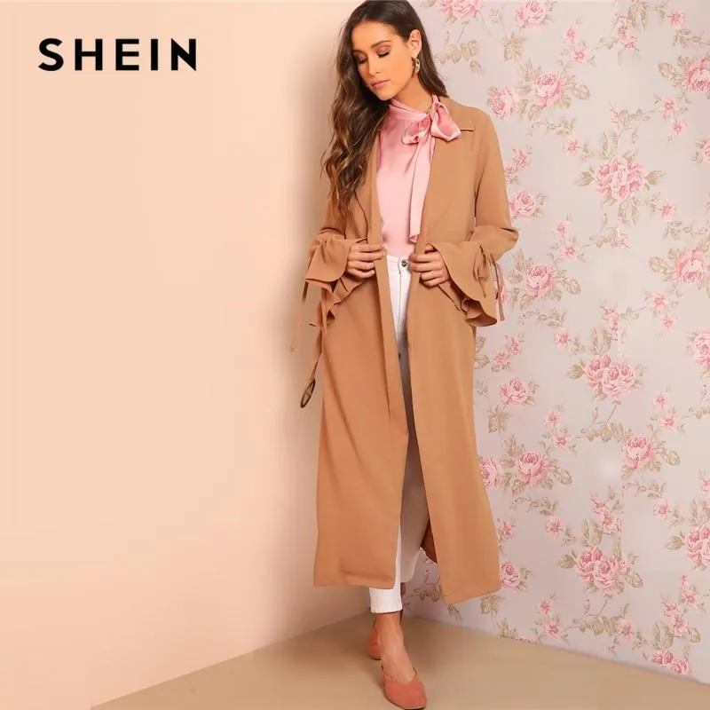 SHEIN Camel Knot Flounce Sleeve Open Front Longline Coat Women Elegant Spring Plain Notched Belted Drawstring Trench Outerwear