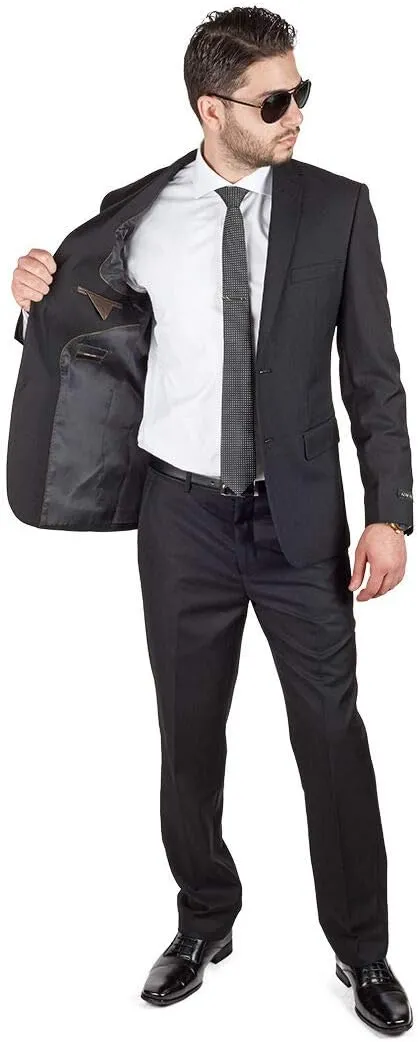 Slim Fit Men Suit Solid Black 2 Button Notch Lapel Flat Front Pants by Azar
