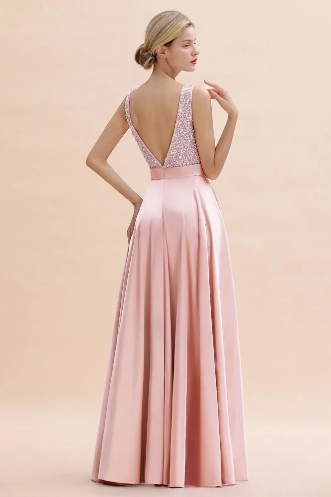 Stylish Backless Satin Floor Length Evening Dress V-Neck Party Dress