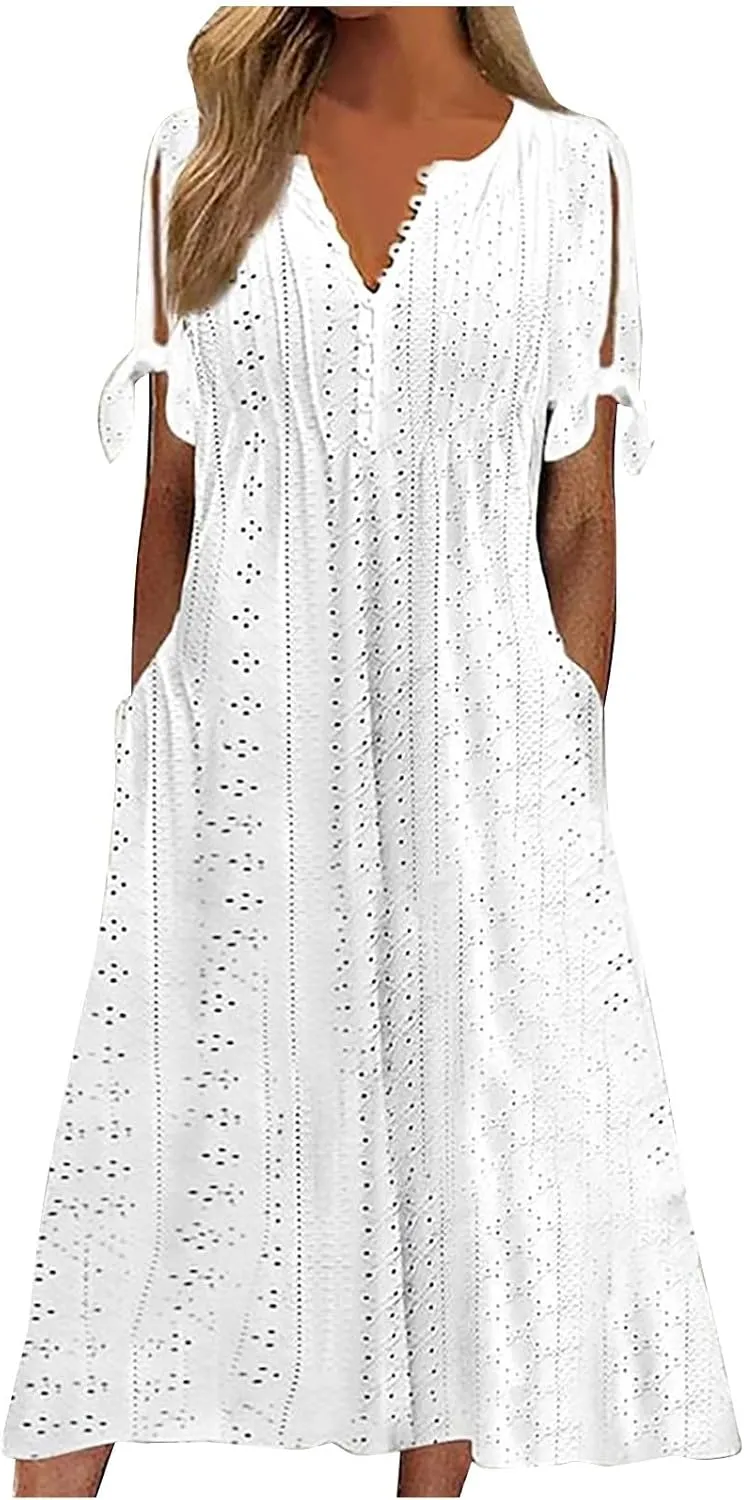Summer Dresses for Women 2025,Cold Shoulder Eyelet Dress v Neck Boho Casual Beach Vacation Spring Maxi Dresses
