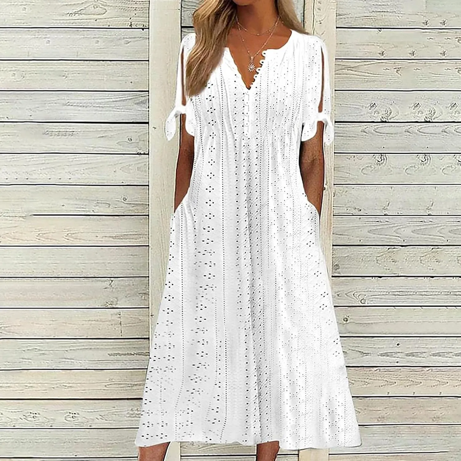 Summer Dresses for Women 2025,Cold Shoulder Eyelet Dress v Neck Boho Casual Beach Vacation Spring Maxi Dresses