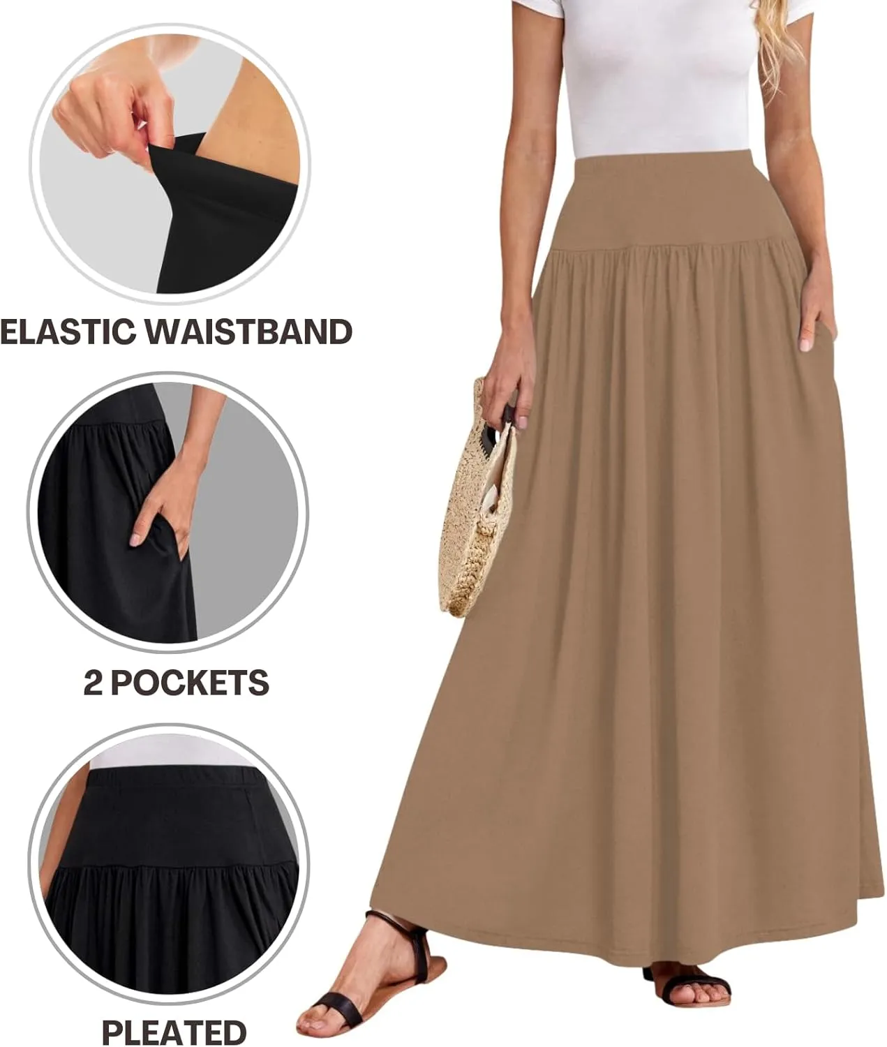 Sweet Hearts Maxi Skirts for Women with Pockets- Elastic Waist Casual Long Skirts XS-XL Made in USA