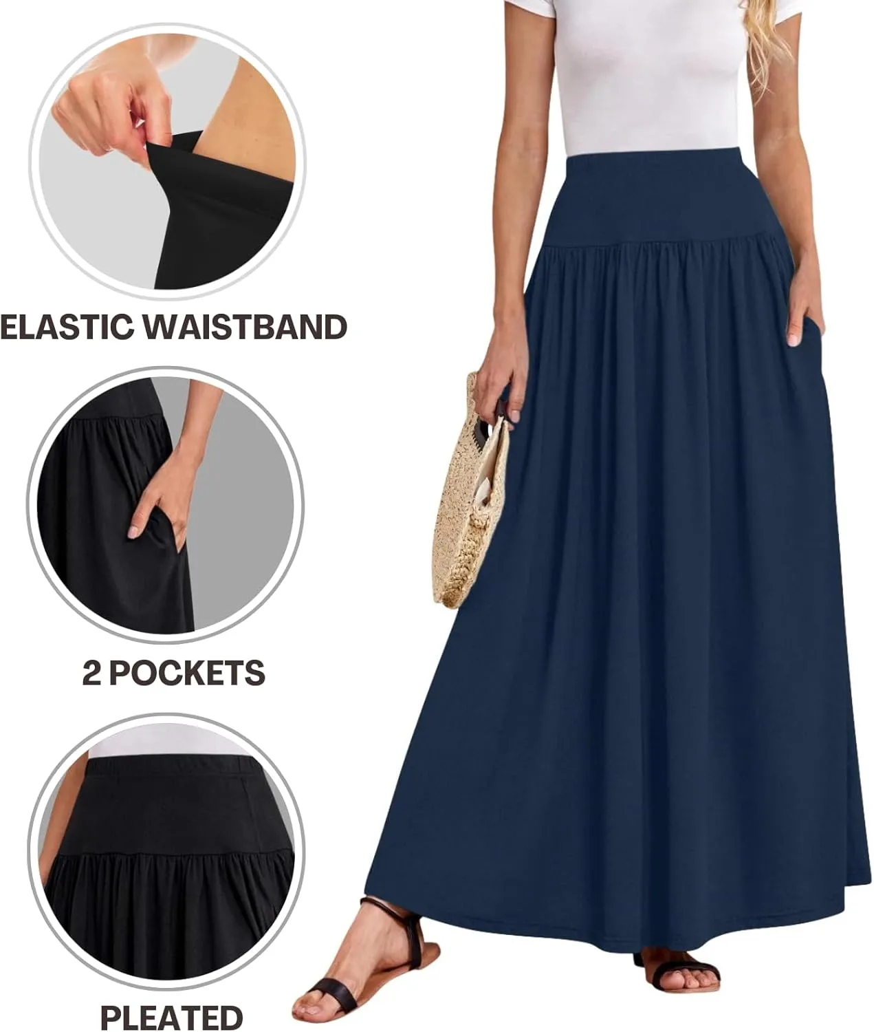 Sweet Hearts Maxi Skirts for Women with Pockets- Elastic Waist Casual Long Skirts XS-XL Made in USA