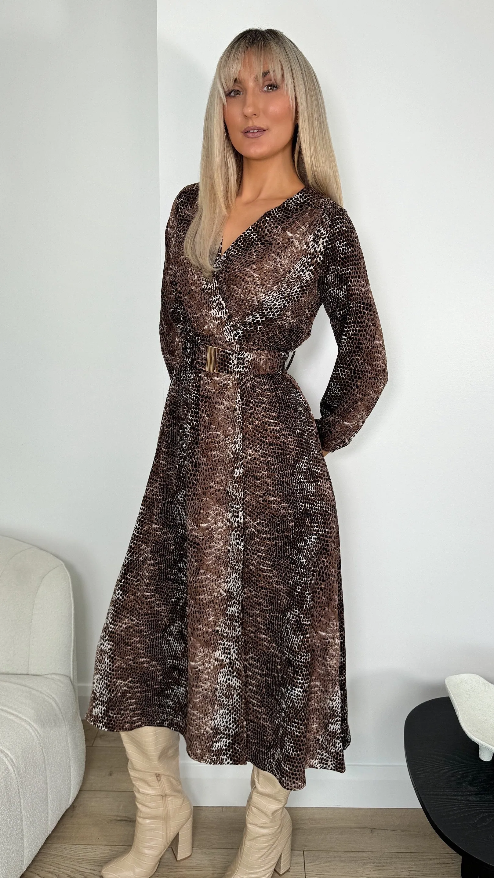 Tina Belted Printed Dress - Brown