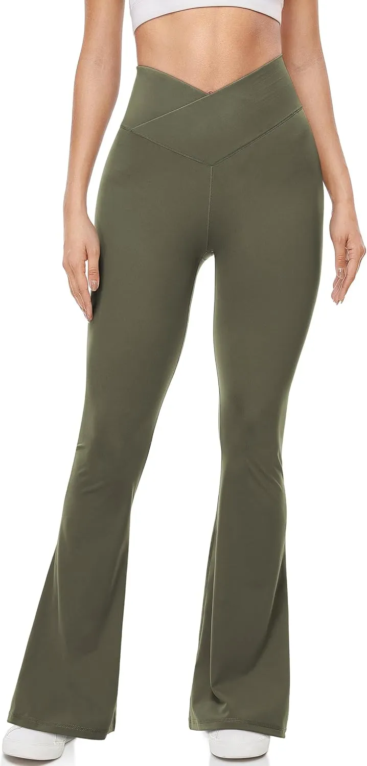 UEU Flare Leggings for Women with Tummy Control, V Crossover High Waisted Yoga Pants, Bootcut Wide Leg, 29-33" Inseam