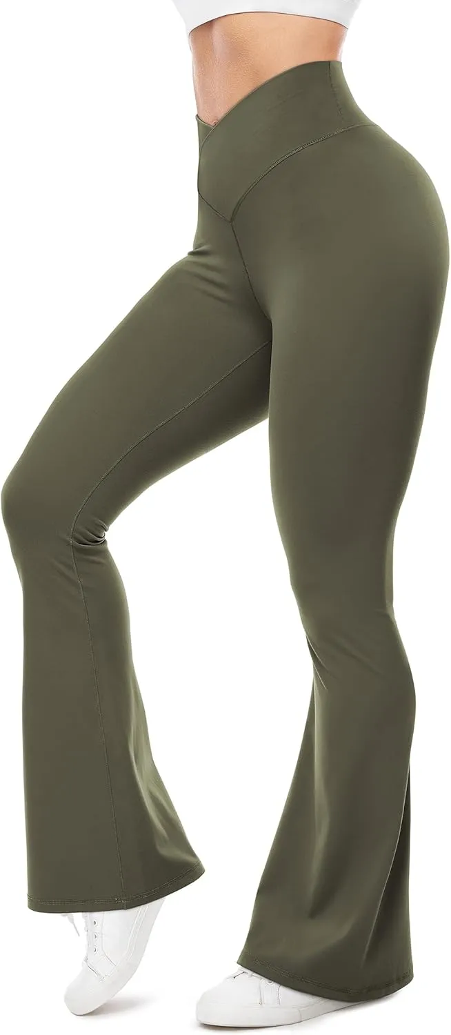 UEU Flare Leggings for Women with Tummy Control, V Crossover High Waisted Yoga Pants, Bootcut Wide Leg, 29-33" Inseam