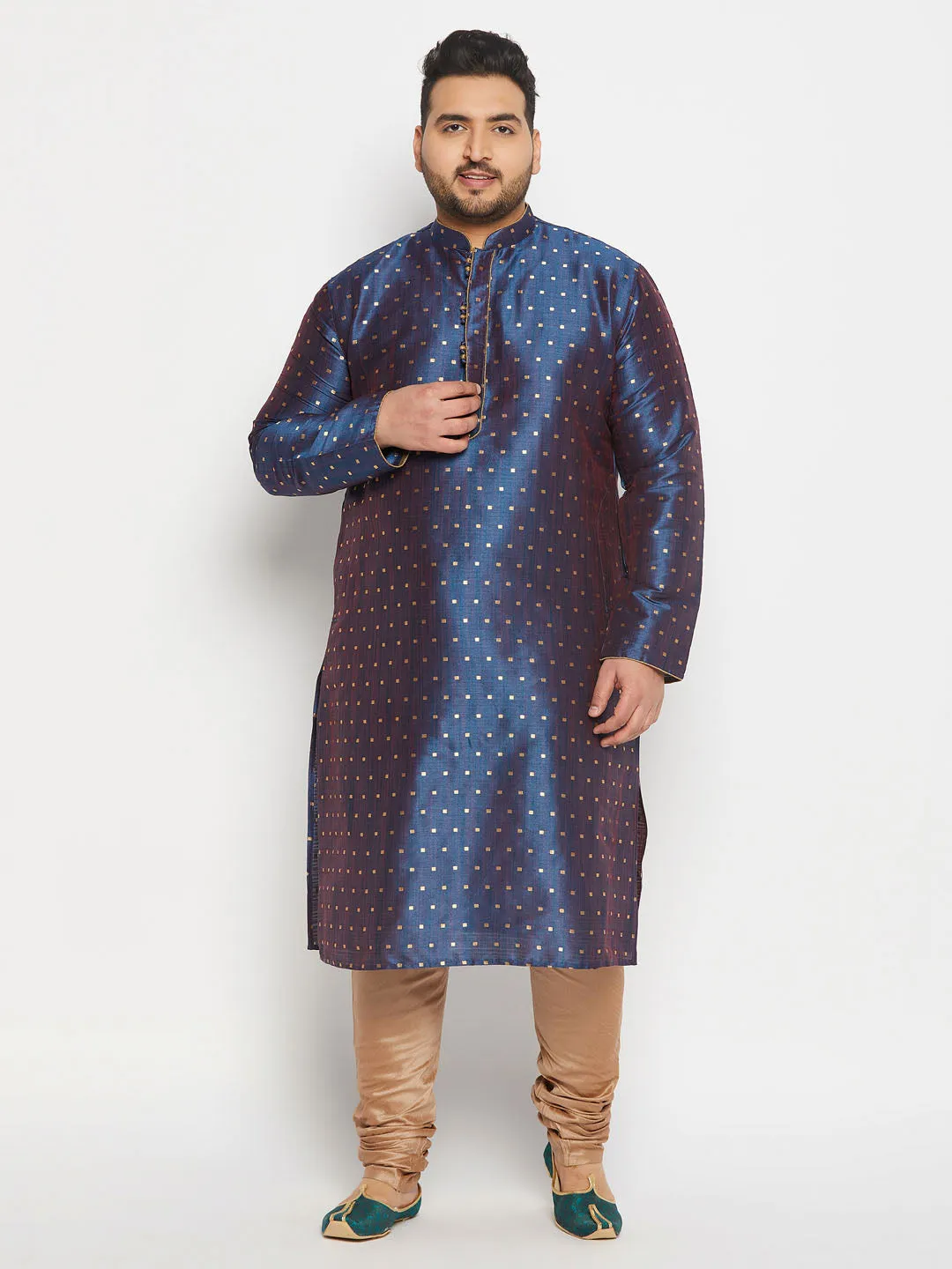 VASTRAMAY Navy Blue Zari Weaved Kurta