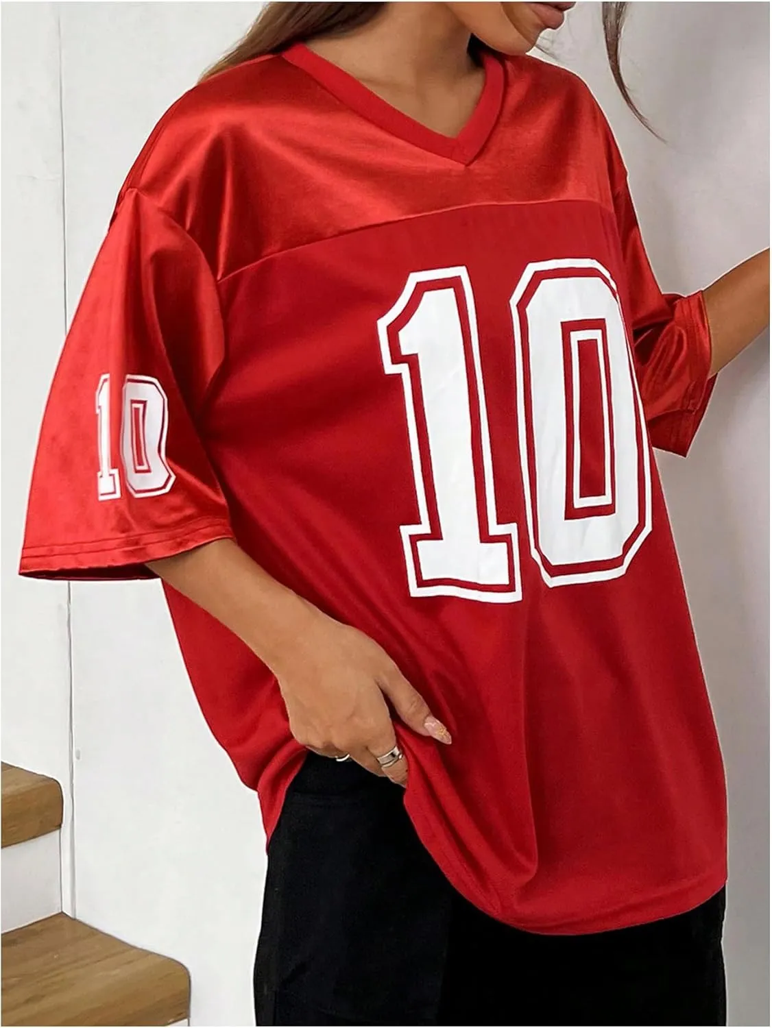 Verdusa Women's Oversized Jersey Shirt Graphic Tees V Neck Short Sleeve Vintage T Shirts