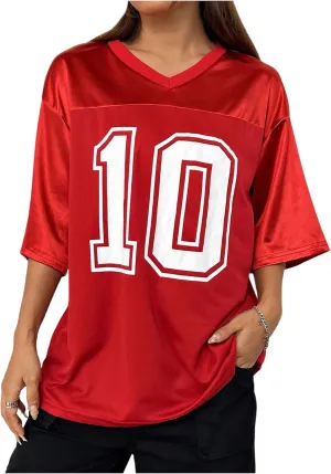 Verdusa Women's Oversized Jersey Shirt Graphic Tees V Neck Short Sleeve Vintage T Shirts