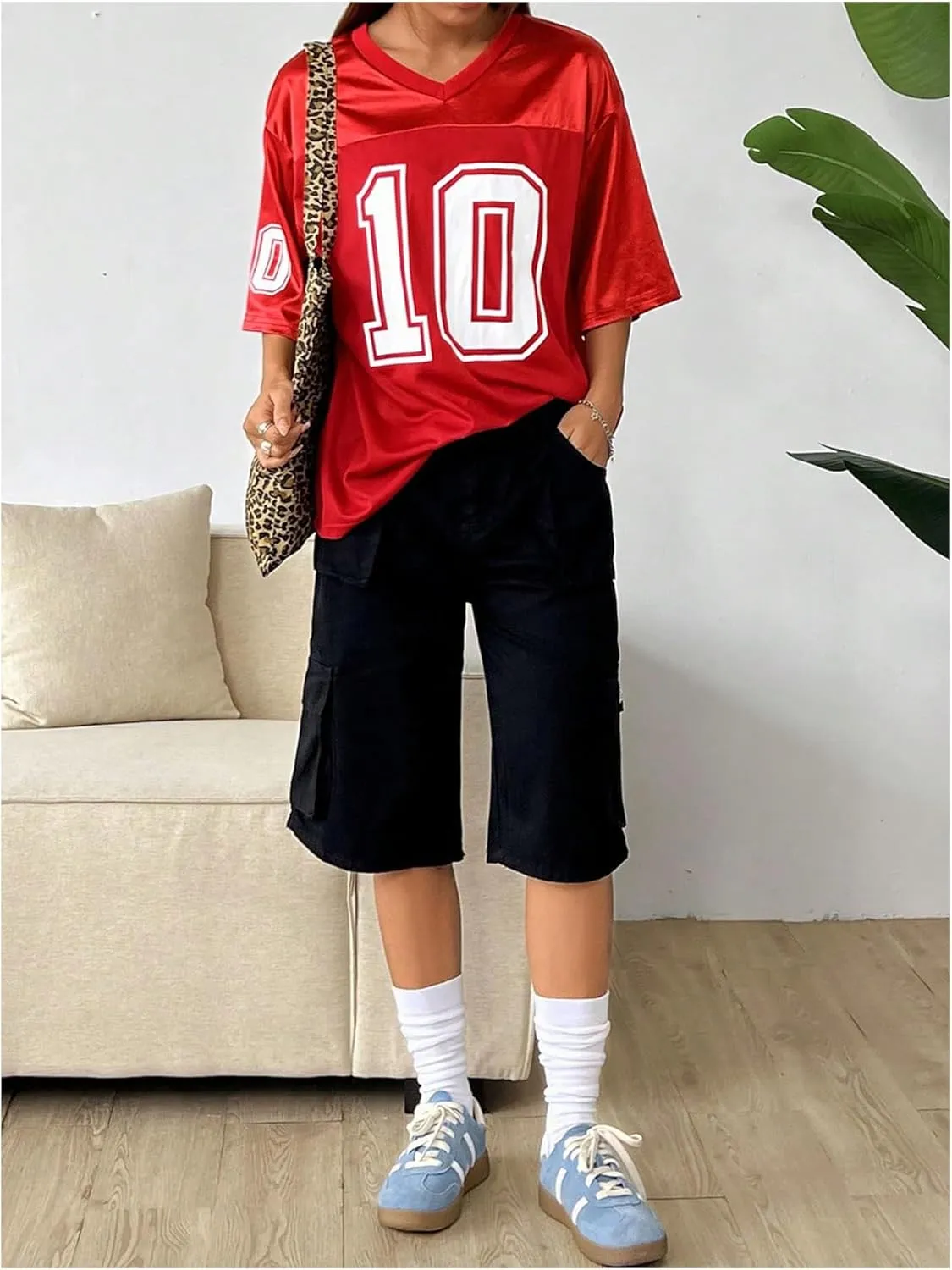 Verdusa Women's Oversized Jersey Shirt Graphic Tees V Neck Short Sleeve Vintage T Shirts