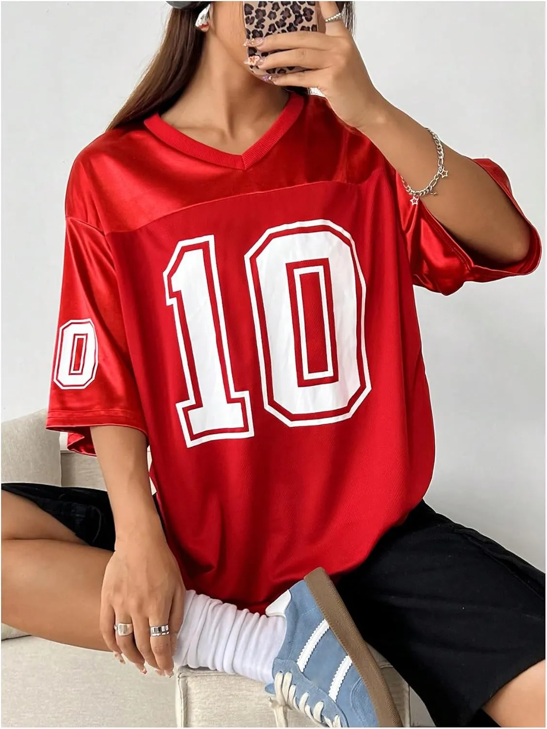 Verdusa Women's Oversized Jersey Shirt Graphic Tees V Neck Short Sleeve Vintage T Shirts