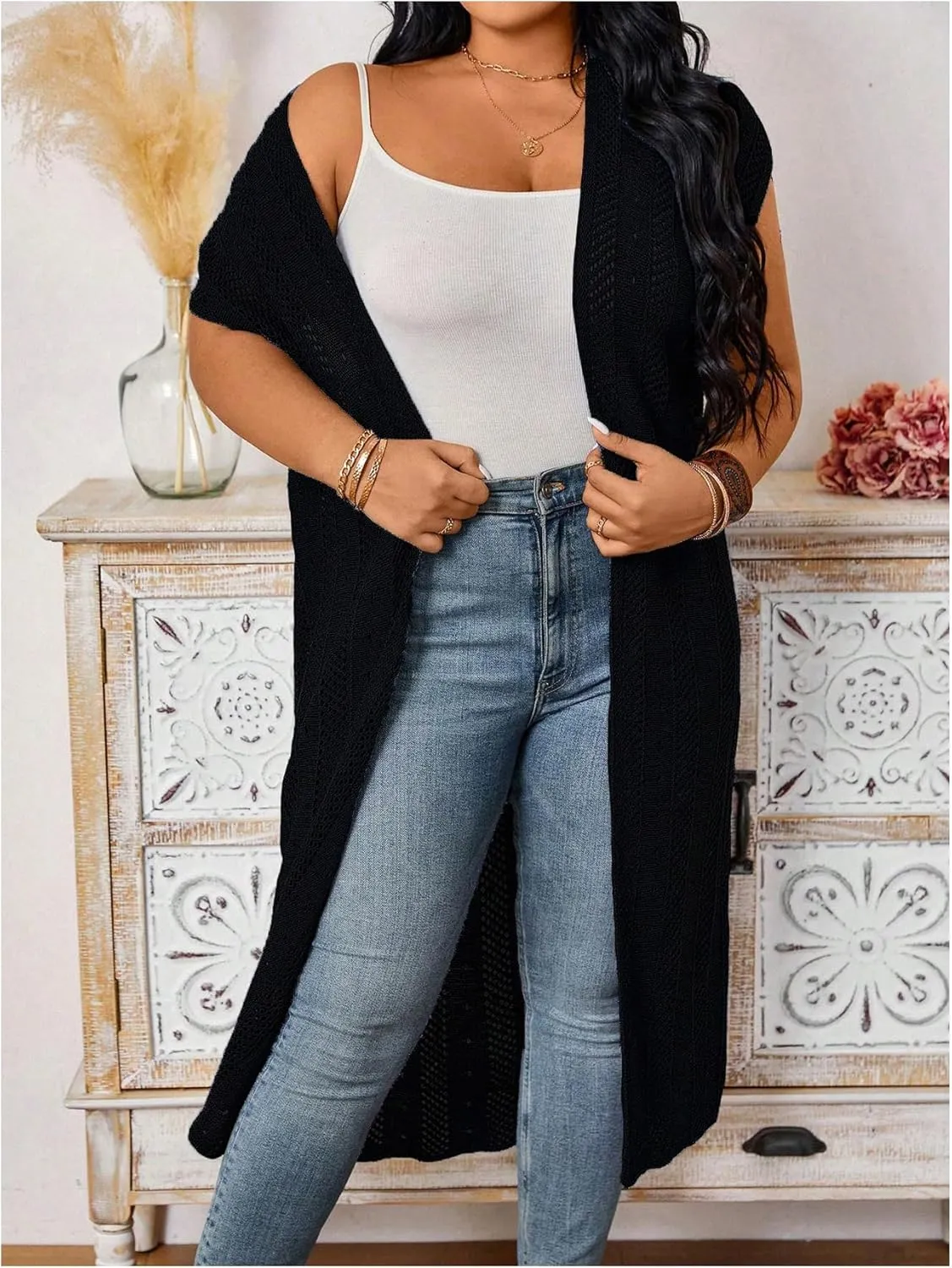 Verdusa Women's Plus Size Dolman Sleeve Open Front Hollow Out Long Cardigan Duster Coat