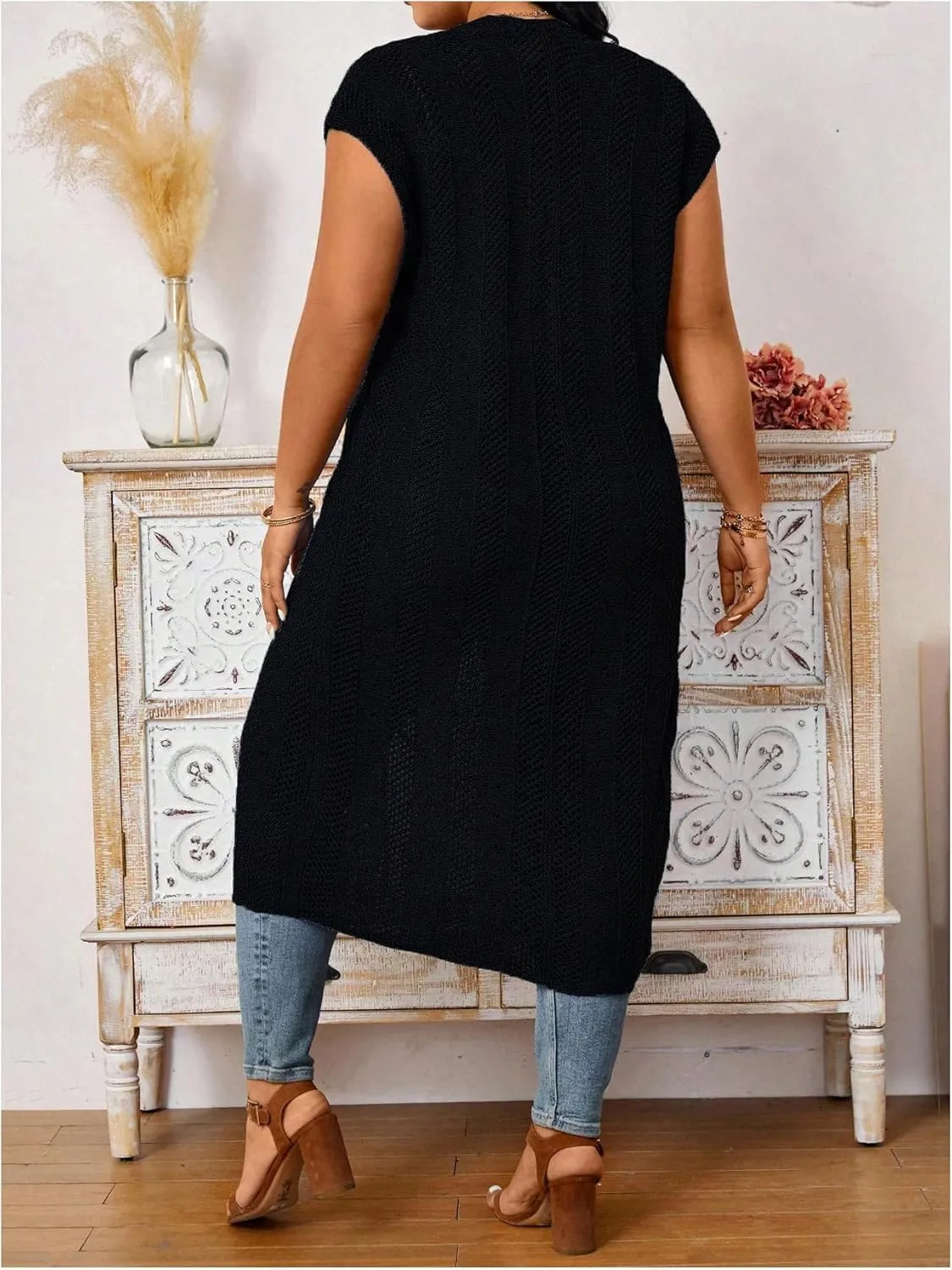 Verdusa Women's Plus Size Dolman Sleeve Open Front Hollow Out Long Cardigan Duster Coat