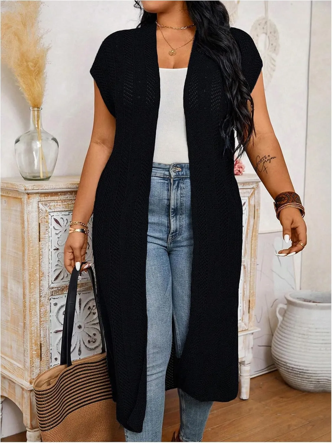Verdusa Women's Plus Size Dolman Sleeve Open Front Hollow Out Long Cardigan Duster Coat