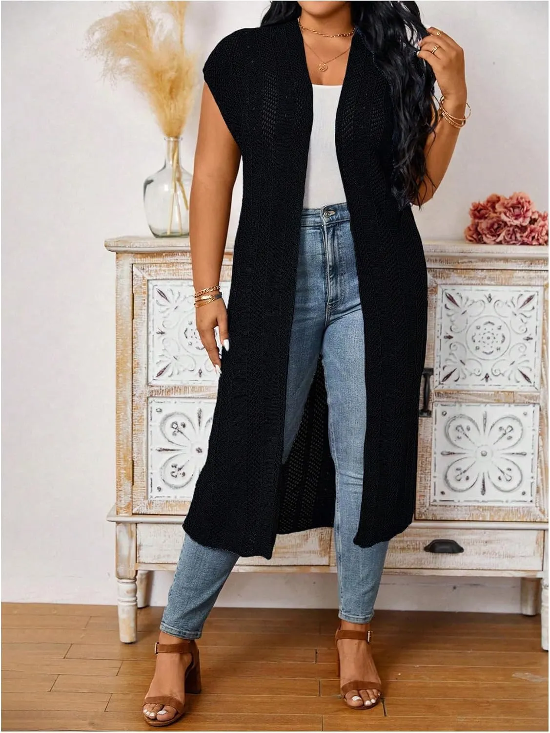 Verdusa Women's Plus Size Dolman Sleeve Open Front Hollow Out Long Cardigan Duster Coat