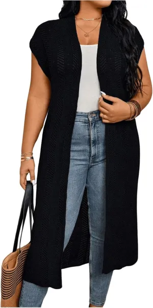 Verdusa Women's Plus Size Dolman Sleeve Open Front Hollow Out Long Cardigan Duster Coat