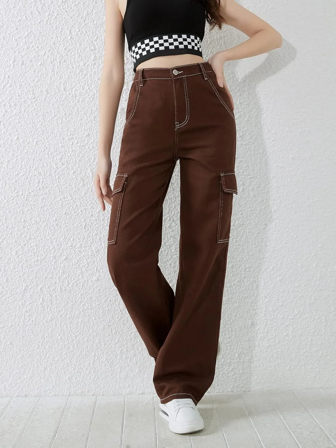 WDIRARA Girl's High Waist Zip Up Denim Pants Straight Leg Cargo Jeans with Pockets