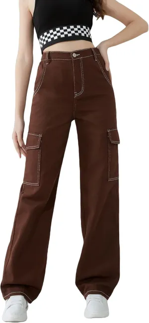 WDIRARA Girl's High Waist Zip Up Denim Pants Straight Leg Cargo Jeans with Pockets