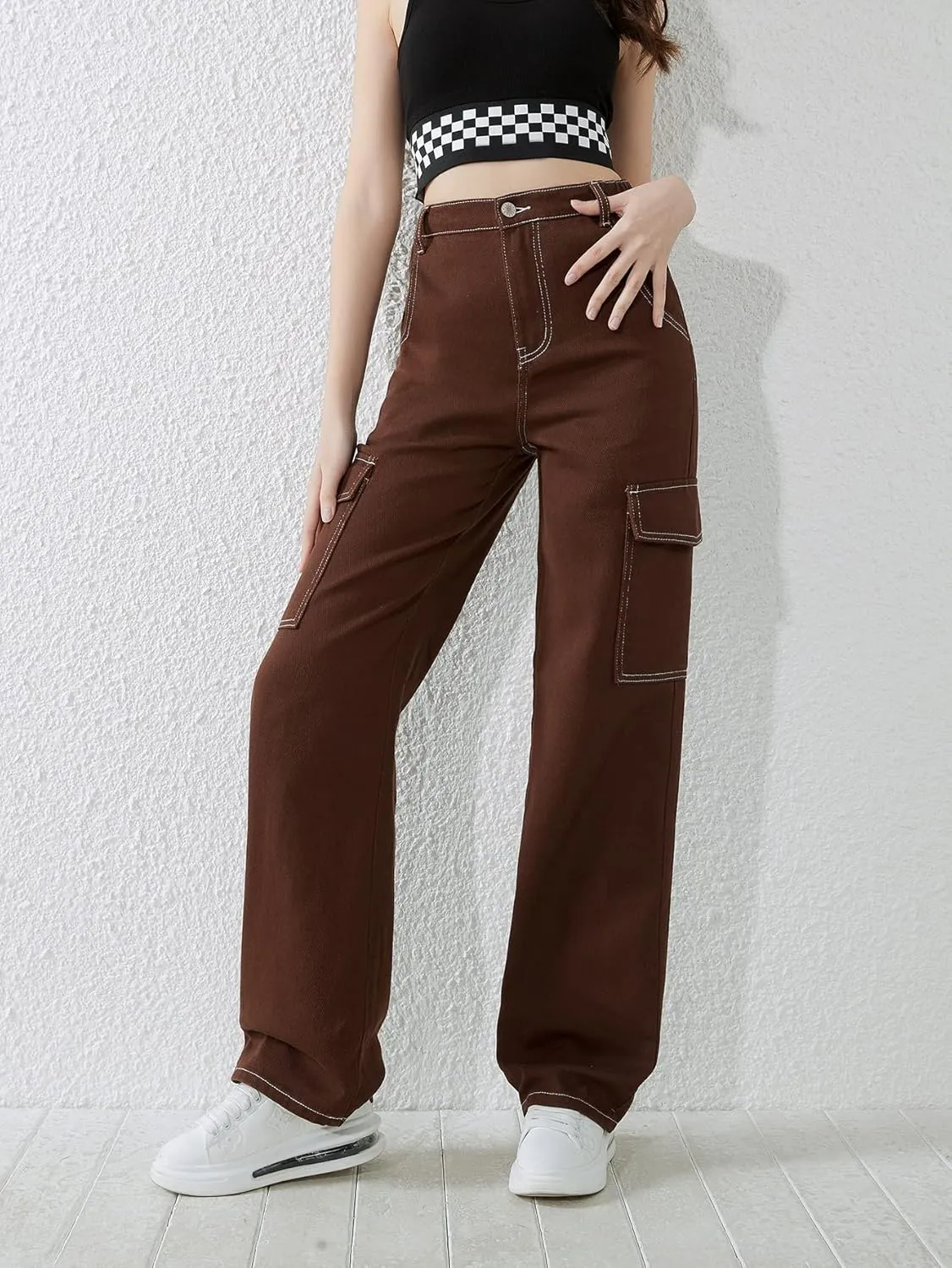 WDIRARA Girl's High Waist Zip Up Denim Pants Straight Leg Cargo Jeans with Pockets