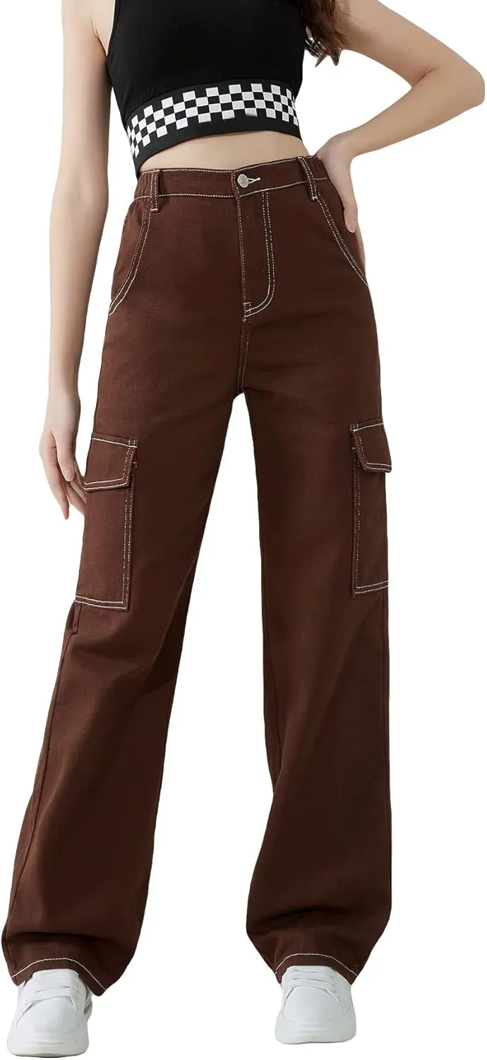 WDIRARA Girl's High Waist Zip Up Denim Pants Straight Leg Cargo Jeans with Pockets