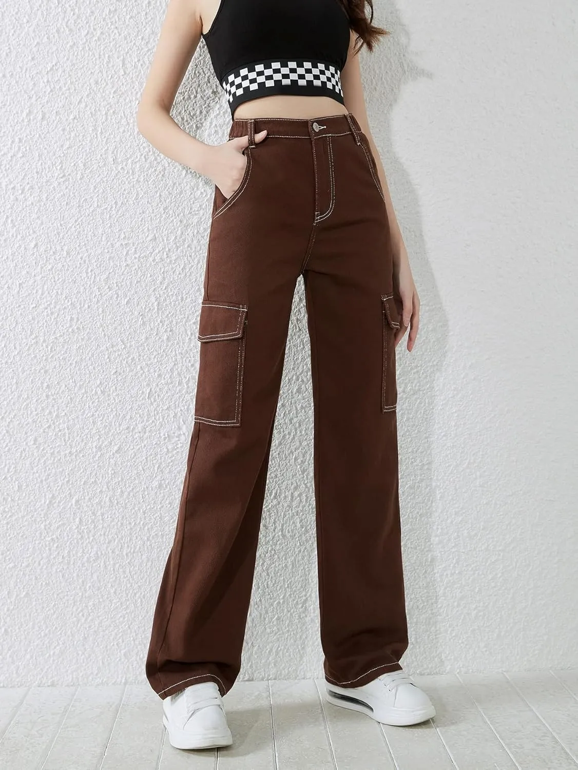WDIRARA Girl's High Waist Zip Up Denim Pants Straight Leg Cargo Jeans with Pockets