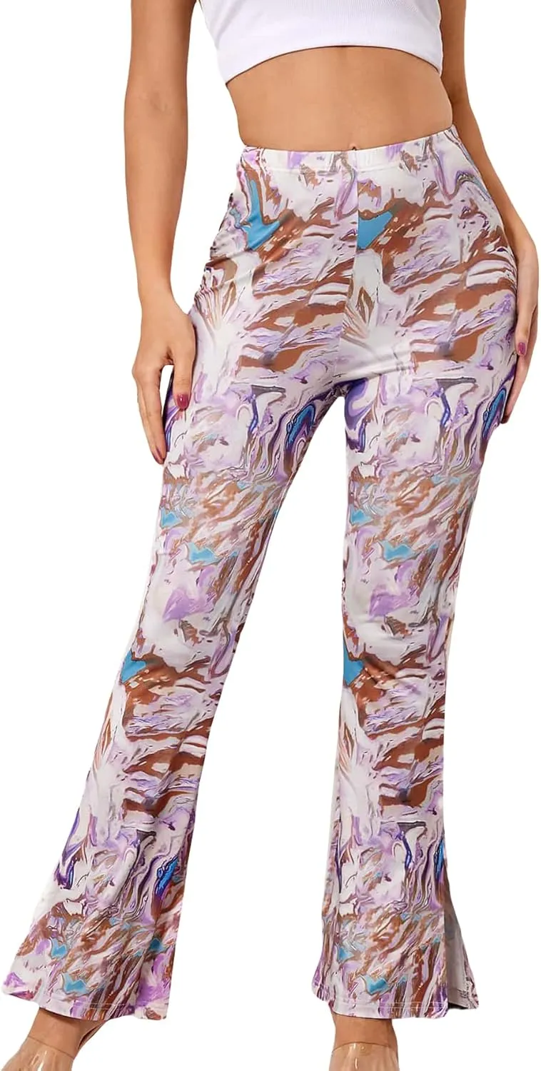 WDIRARA Women's Elastic High Waist Allover Print Floral Bell Bottom Flare Leg Long Pants