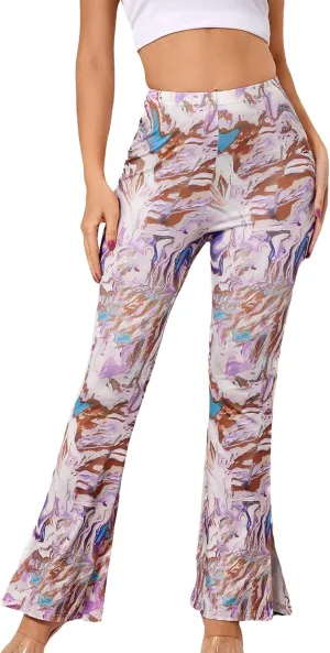 WDIRARA Women's Elastic High Waist Allover Print Floral Bell Bottom Flare Leg Long Pants