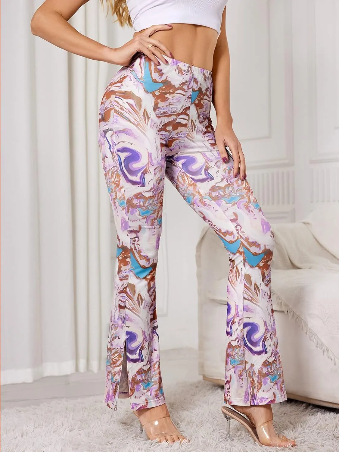 WDIRARA Women's Elastic High Waist Allover Print Floral Bell Bottom Flare Leg Long Pants