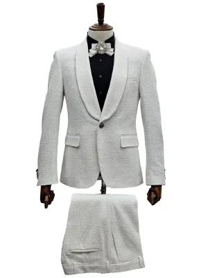 White Textured Tuxedo Suit - Contemporary Splendor - Statement for 2024 Prom and Wedding Seasons