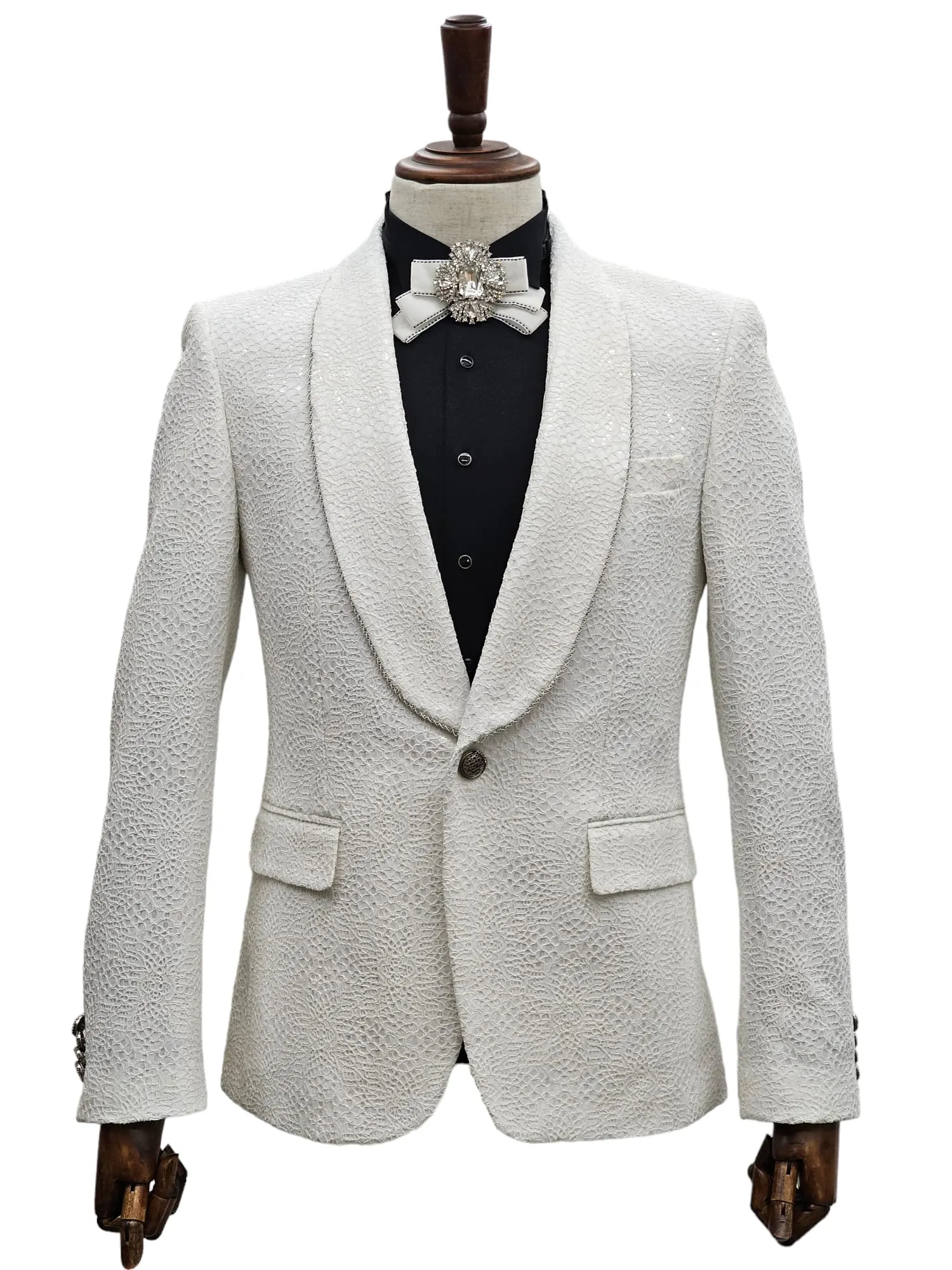 White Textured Tuxedo Suit - Contemporary Splendor - Statement for 2024 Prom and Wedding Seasons