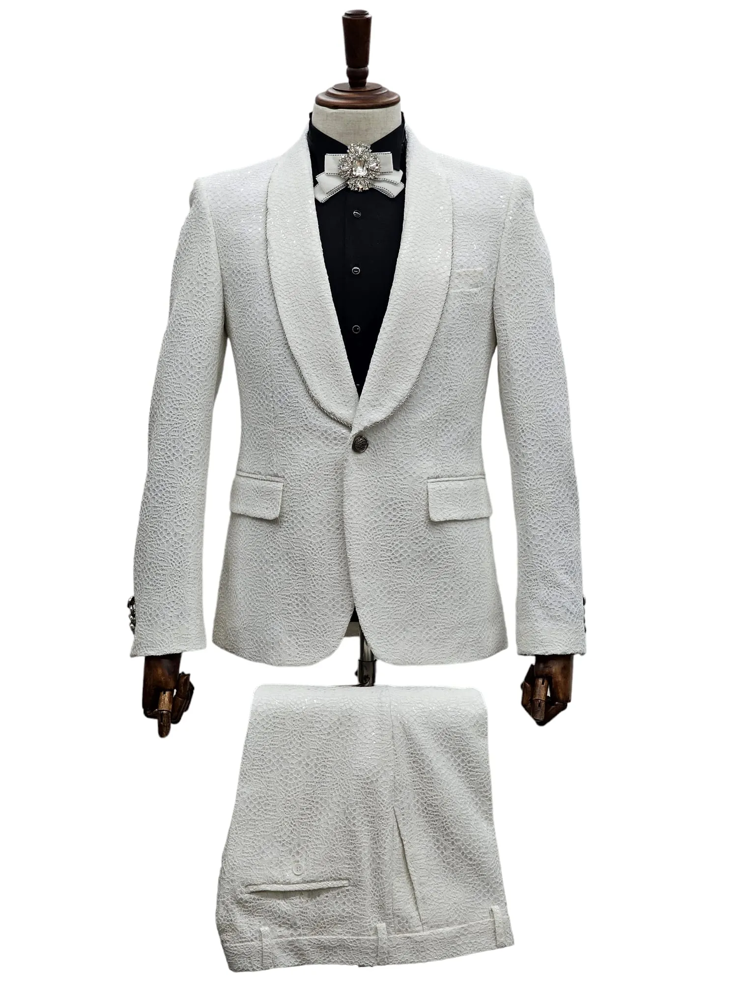 White Textured Tuxedo Suit - Contemporary Splendor - Statement for 2024 Prom and Wedding Seasons